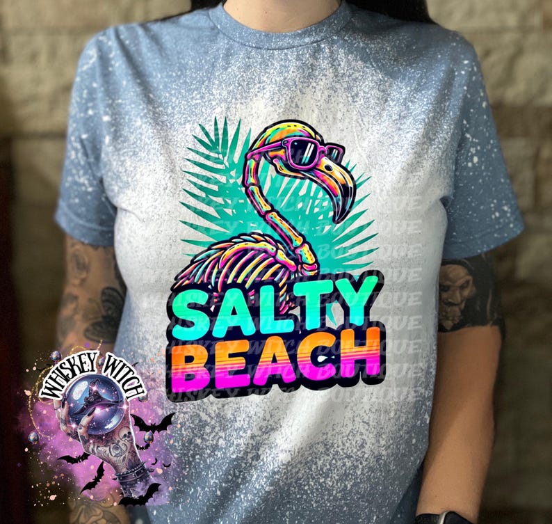 Salty Beach Shirt, Skeleton Flamingo Tee, Spooky Summer Graphic T-Shirt, Beach Goth Handmade Top Heather Indigo