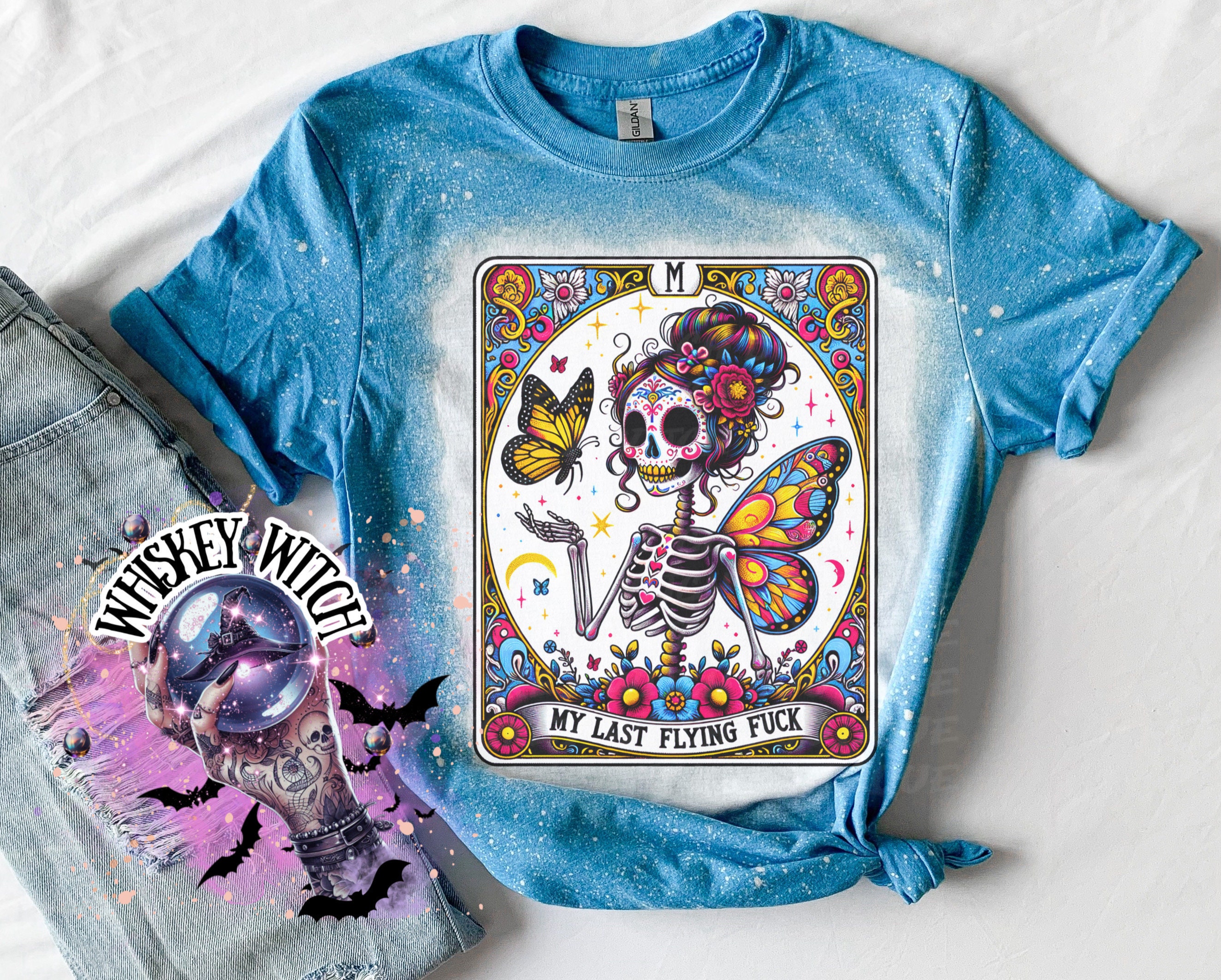 Flying Fck Funny Tarot Skeleton Bleached T-Shirt: Vintage Goth Graphic Tee