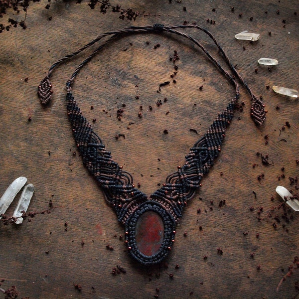 Naszyjnik agat mszysty | Makramowa kolia | Biżuteria z kryształami | Macrame jewelry | Necklace with Moss Agate | Handmade | Witchy