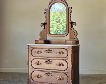 Antique Victorian Walnut Marble Dresser with Mirror