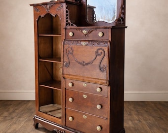 Antique Oak Side by Side Secretary Cabinet Bookcase