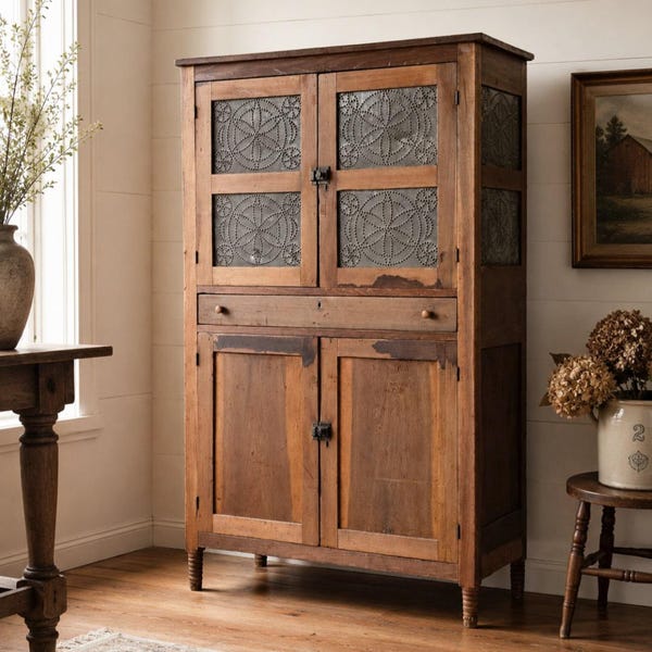 May include: An antique wooden cabinet with a dark finish. The upper doors have decorative punched tin panels. The cabinet has a drawer and lower doors, all with dark hardware. It is set in a room with wood flooring and neutral walls.