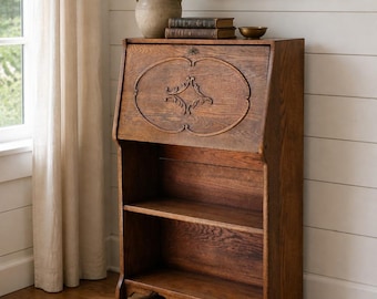 Antique Oak Bookcase Drop Secretary Shelf