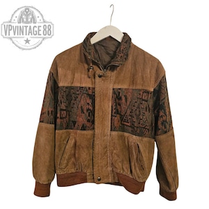 Vintage Boho Aztec Jacket | Blue Leather Bomber | Festival Style Coat | Size M/L