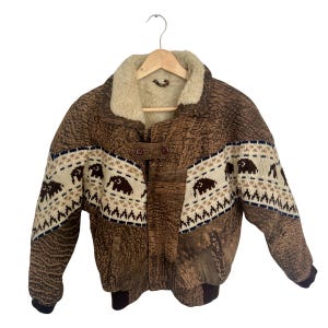 Vintage Boho Aztec Jacket | Brown Leather Bomber | Festival Style Coat | Size XS