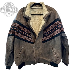 Vintage Boho Aztec Jacket | Brown Leather Bomber | Navajo Inca Style Coat | Size L