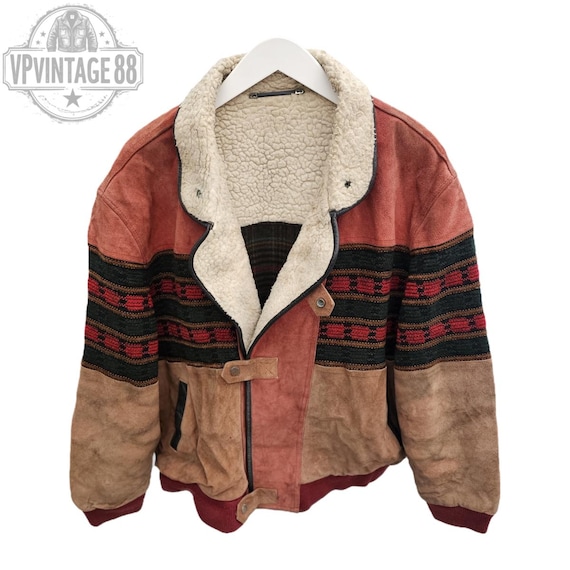 Vintage Aztec Navajo Wool Leather Bomber Jacket Red | Inca Style Leather Western Coat | Men's Size XL