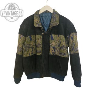 Vintage Boho Aztec Jacket | Blue Leather Bomber | Festival Style Coat | Size L