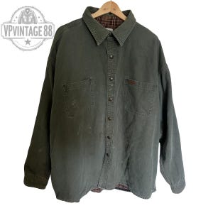 Vintage Carhartt USA Men’s Khaki Flannel Workwear Shirt – Rugged Distressed Style