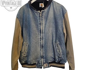 Vintage Carhartt Blue Denim Workwear Bomberjacke | Strapazierfähiger Mantel | Größe XLarge