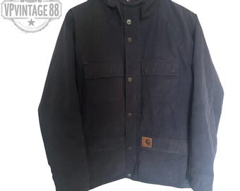 Vintage Carhartt USA Workwear Jacket – Navy ‘Mosley’ Hooded Coat, 90s Style (S)
