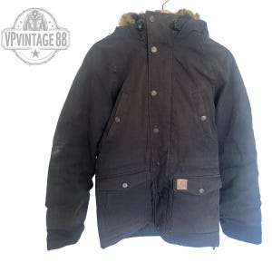 Vintage Carhartt Trapper Parka – USA-Made 90s Black Hooded Workwear Jacket (XS)