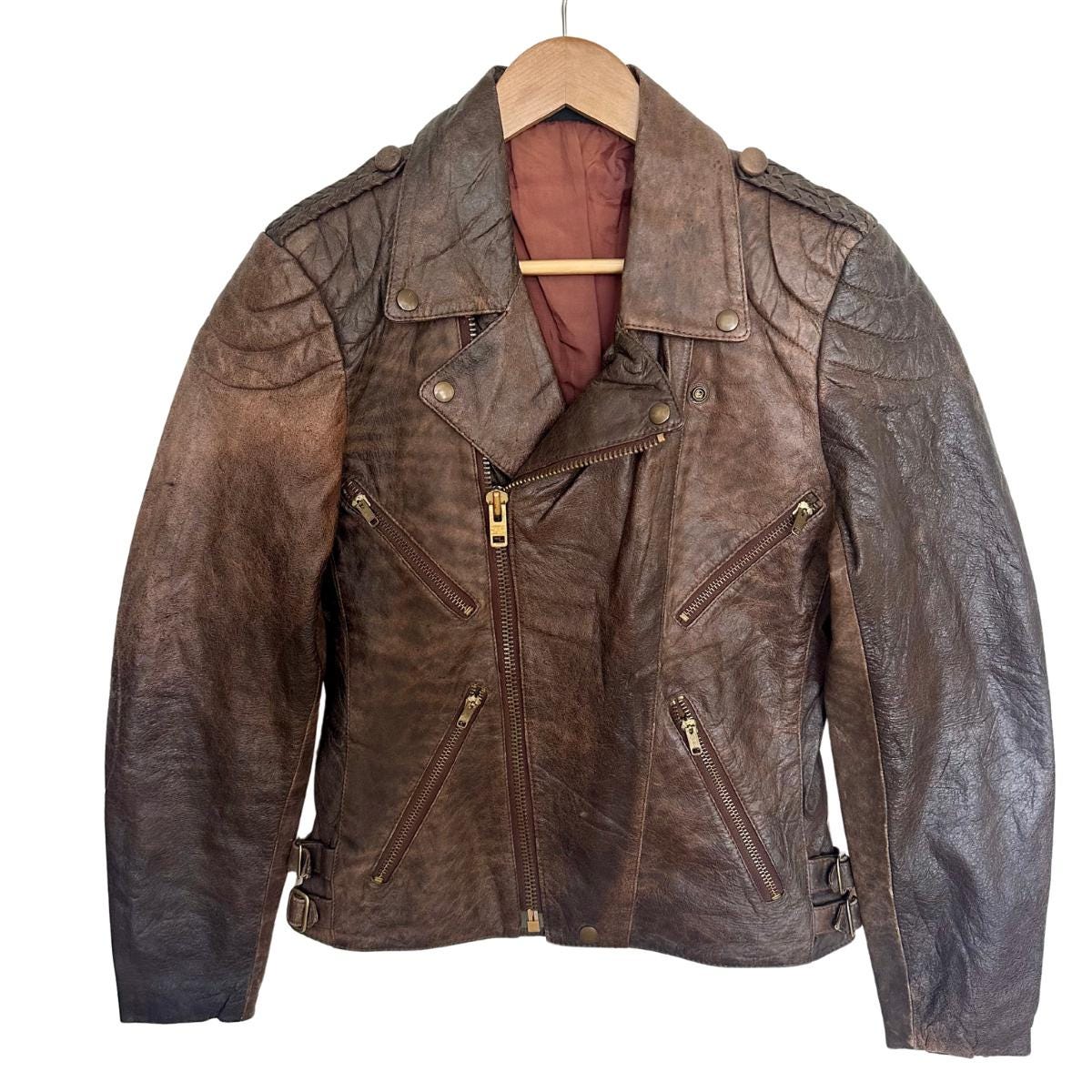 Vintage Brown Real Leather Biker Jacket Size M – Distressed