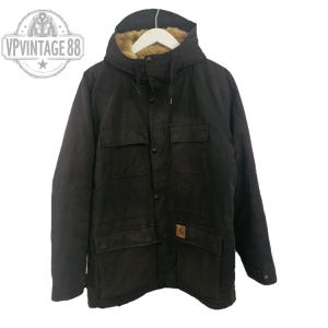 Vintage Carhartt Mentley Jacket – Dark Grey Canvas Hooded Workwear Coat, 90s Style