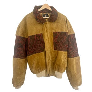 Vintage Boho Aztec Jacket | Brown Leather Bomber | Festival Style Coat | Size L/XL