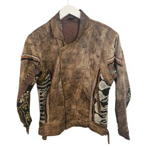 Vintage Boho Aztec Jacket | Brown Leather Bomber | Festival Style Coat | Size S/M