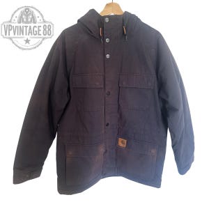 Vintage Carhartt USA Workwear Jacket – Navy Blue Hooded 90s Coat (Size L)