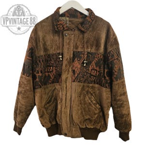 Vintage Boho Aztec Jacket | Brown Leather Bomber | Festival Style Coat | Size L