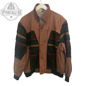 Vintage Boho Aztec Jacket | Brown Leather Bomber | Festival Style Coat | Size L