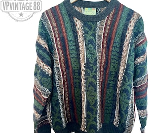 Vintage Coogi Style 3D Knit Sweater – Multicolor Textured Zip
