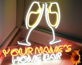 May include: Neon sign featuring two champagne glasses clinking, with the text "YOUR NAME'S HOME BAR" below.