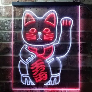 Maneki Neko Lucky Cat Welcome Japan Dual Color LED Neon Sign st6-j0980