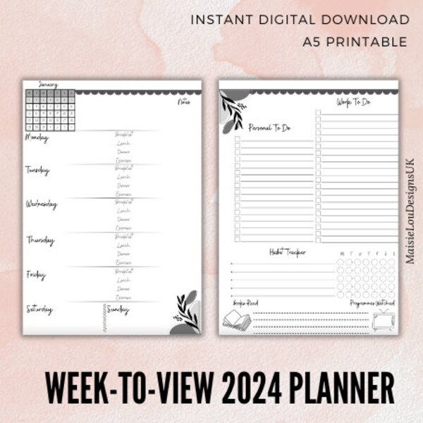 A5 2024 Week to View Planner - meal plan, to-do lists, habit tracker - Filofax compatible