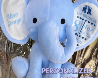 Personalized Birth Stat Elephant, Baby Keepsake Gift, Stuffed Animal Nursery Decor, Custom Name Date Time