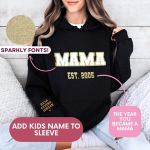 Camisa personalizada para mamãe, suéter personalizado para mamãe com nomes de crianças nas mangas, presente para o dia das mães, letra da universidade, roupa da moda, camiseta confortável para mamãe