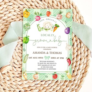 Boho Farmer&#39;s Market Baby Shower Invite Digital, Editable Template, Gingham Boho Baby Shower Invitation