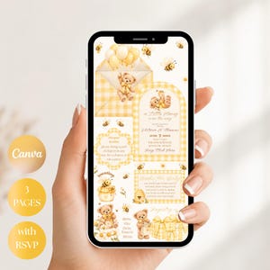 May include: A digital baby shower invitation set displayed on a smartphone screen, featuring a yellow gingham pattern, teddy bears, honey pots, and bees. The text includes "A Little Honey is on the way," "Diaper Raffle," "Books For Baby," and "Registry."