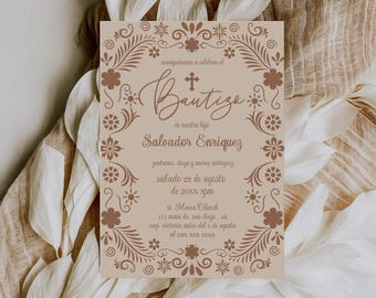 Cielito Lindo Bautizo Invitation Template: Talavera Beige Brown Template (Digital Download)