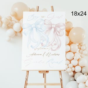 Schleife Gender Reveal Willkommensschild, Rosa und Blau Bögen Gender Reveal Poster, bearbeitbare Vorlage Digital, He She Preppy Schwangerschaft Dekor Zeichen BR001