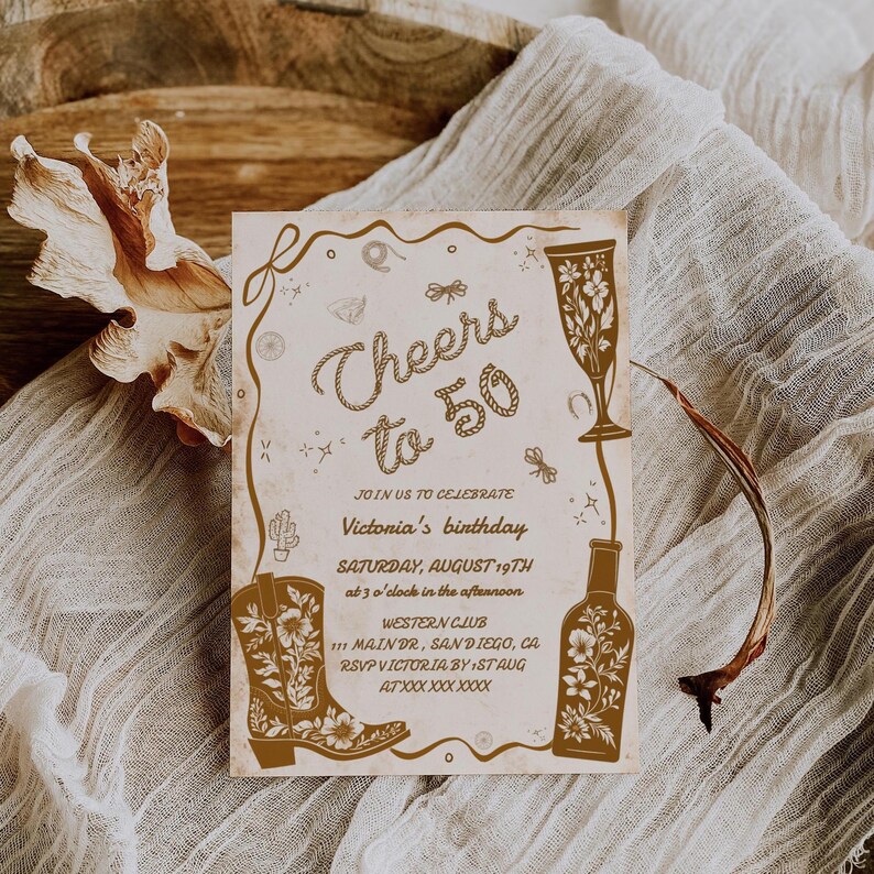 Rustic 50th Birthday Invitation Template: Western Rodeo, Boots & Bubbly ...