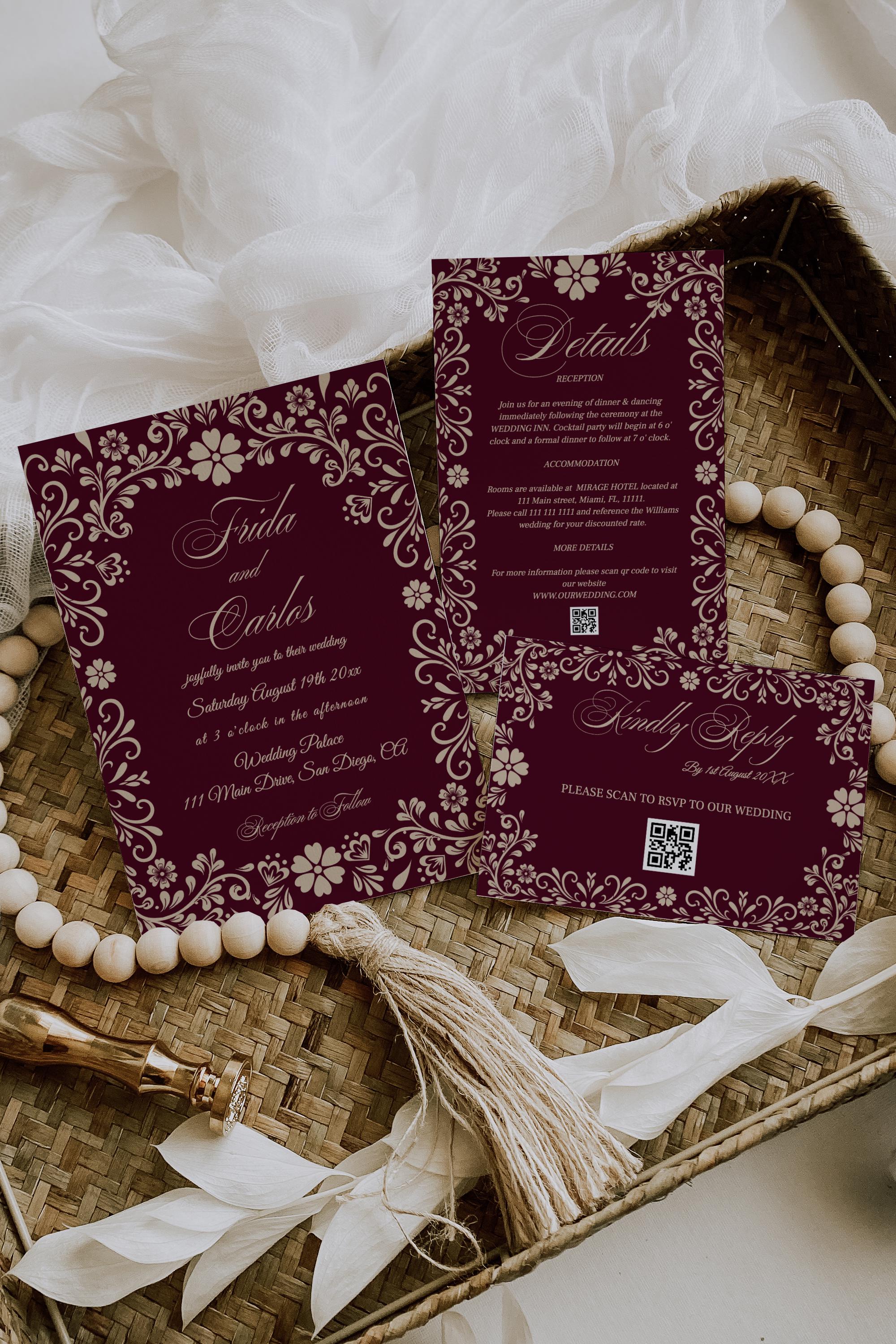 Burgundy Wedding Arch Invitation Suite, Deep Red Rustic Boho
