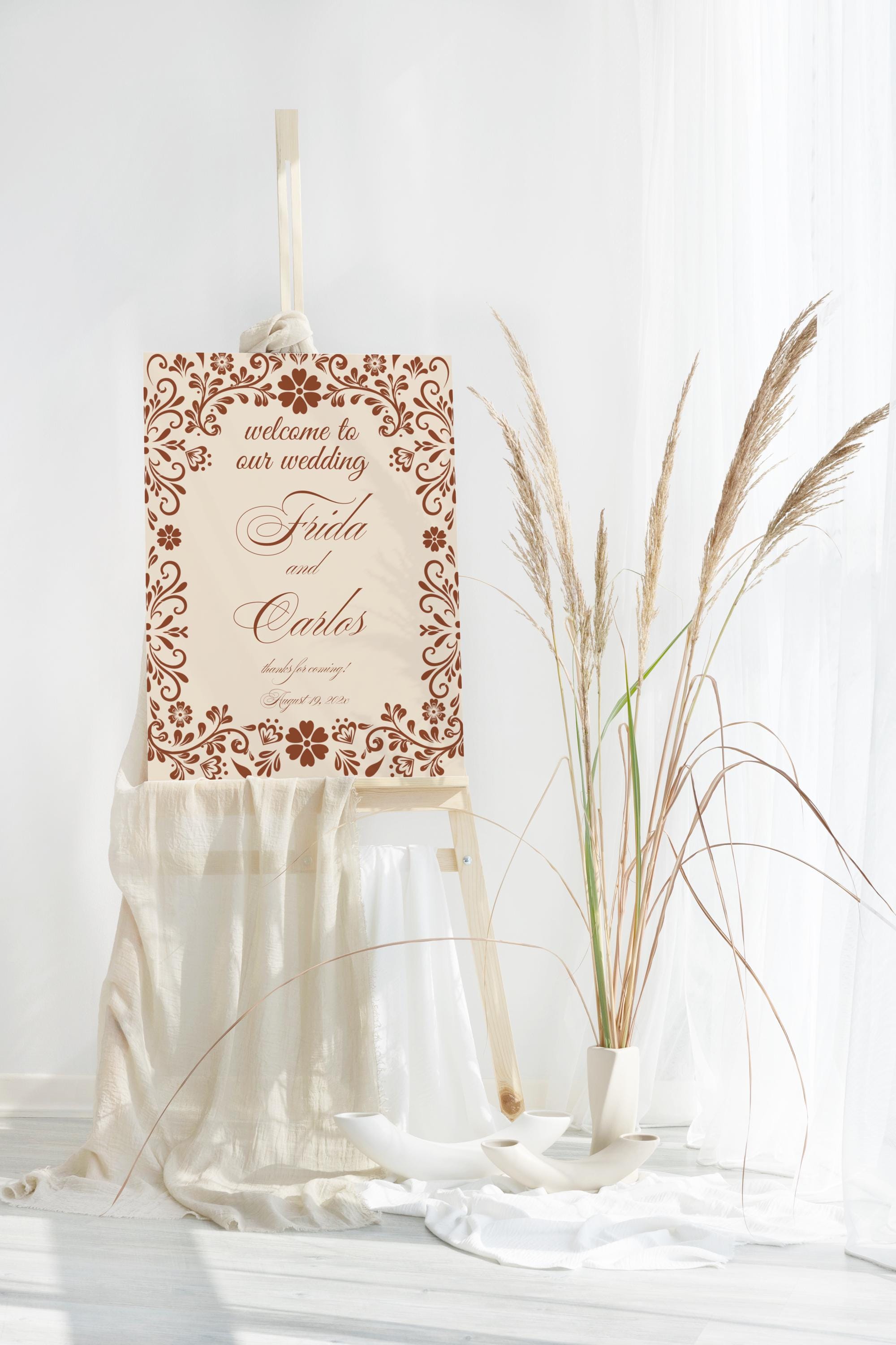 Neutral Rustic Wedding Floral Welcome Sign, Talavera Beige Editable ...