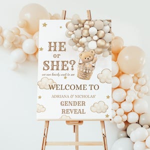 Letrero de bienvenida para revelar el género del bebé, cartel de bienvenida bohemio con globos dorados, plantilla editable para decoración de revelación de género del bebé, podemos esperar sin dudarlo