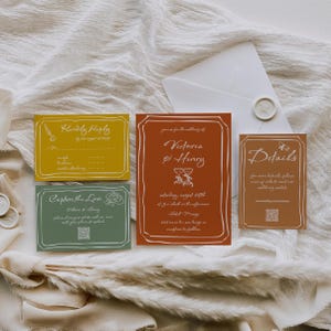 Suite di inviti rustici disegnati a mano per matrimonio / Pacchetto matrimonio minimalista in terracotta, senape, giallo e verde, modello di carta con codice QR