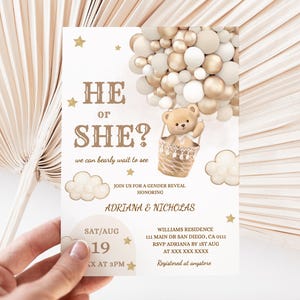 Invito digitale per rivelare il sesso dell'orso, palloncini neutri color oro orsetto, modello modificabile per rivelare il sesso dell'orso Bearly Wait, lui o lei