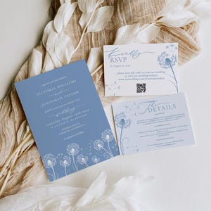 Suite de faire-part de mariage bleu poussiéreux, ensemble de modèles de faire-part de mariage minimaliste moderne, modèle modifiable de mariage floral élégant