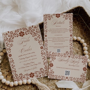 Suite de faire-part de mariage neutre floral rustique, carte de renseignements RSVP pour mariage élégant Talavera mexicaine en terre cuite beige, modèle vintage WED002