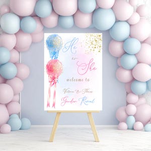 Letrero de bienvenida con globos para revelar el género, póster con globos rosas y azules, plantilla digital editable, decoración preppy para embarazadas.
