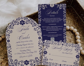 Suite de faire-part de mariage bleu talavera mexicain neutre (modèle numérique)