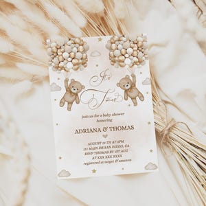 Twins Baby Shower Invitation,  Teddy Bear Theme Twins Neutral Baby Shower Invite, Twin Boys Twin Girls Editable Template