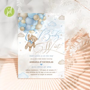 Bear Blue Balloons Baby Shower Editable Template, We Can Bearly Wait Invite
