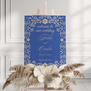 Blue Mexican Talavera Wedding Welcome Sign: Rustic Floral Template (Editable)