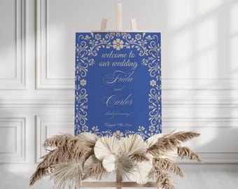 Blue Mexican Talavera Wedding Welcome Sign: Rustic Floral Template (Editable)