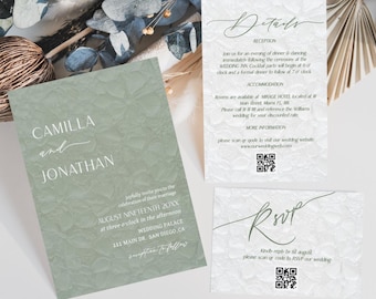 Sage Green Wedding Invitation Suite | Old Money Elegant RSVP, Details Card (Digital Download)