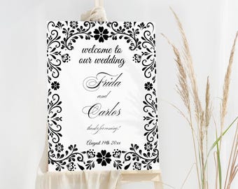 Black and White Elegant Wedding Welcome Sign: Mexican Talavera Wedding Poster (Digital)