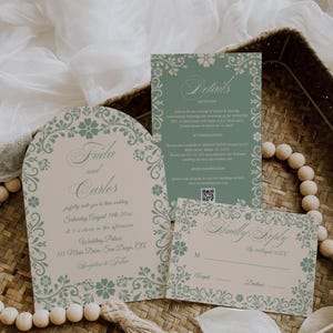 Sage Green Floral Wedding Invitation Suite: Fiesta Romantic Floral Invitation Template, Talavera Mexican Invitation